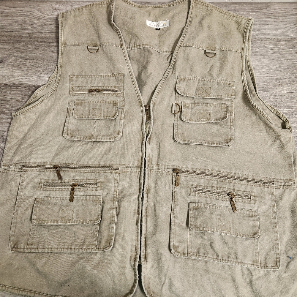 Vintage Eidlovais Lodestar Khaki Vest Size XXL Multi Zip Pockets‎ Hiking Fishing